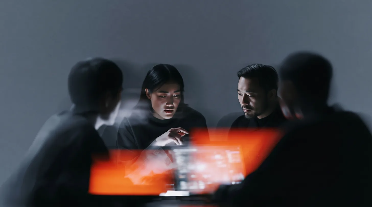 Three people in focused discussion around a worktable while movement blurs past them