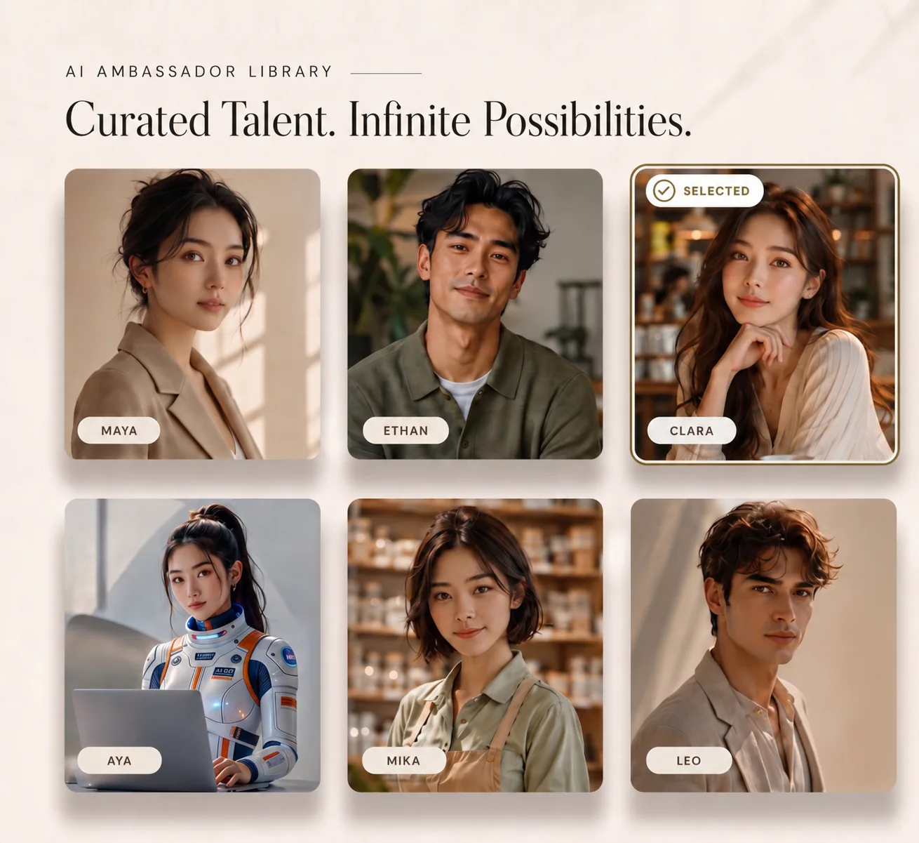 Curated AI ambassador library showing six distinct character possibilities