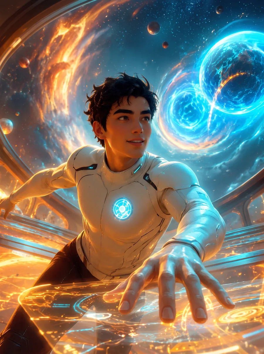 Stylised male AI brand character in a luminous space scene
