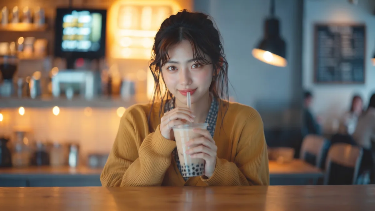 AI-generated virtual brand ambassador seated in a café, holding a drink and looking towards the camera.