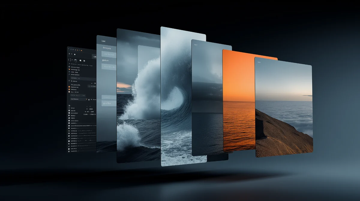 Layered presentation workflow cards floating above an ocean, representing grounded analysis and AI slide creation.
