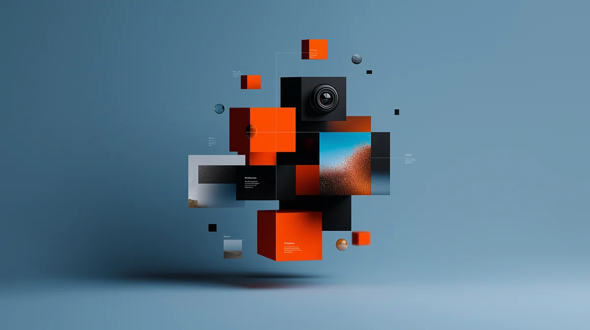 Geometric collage of orange and black blocks, screens and a camera lens representing AI visual reasoning models.