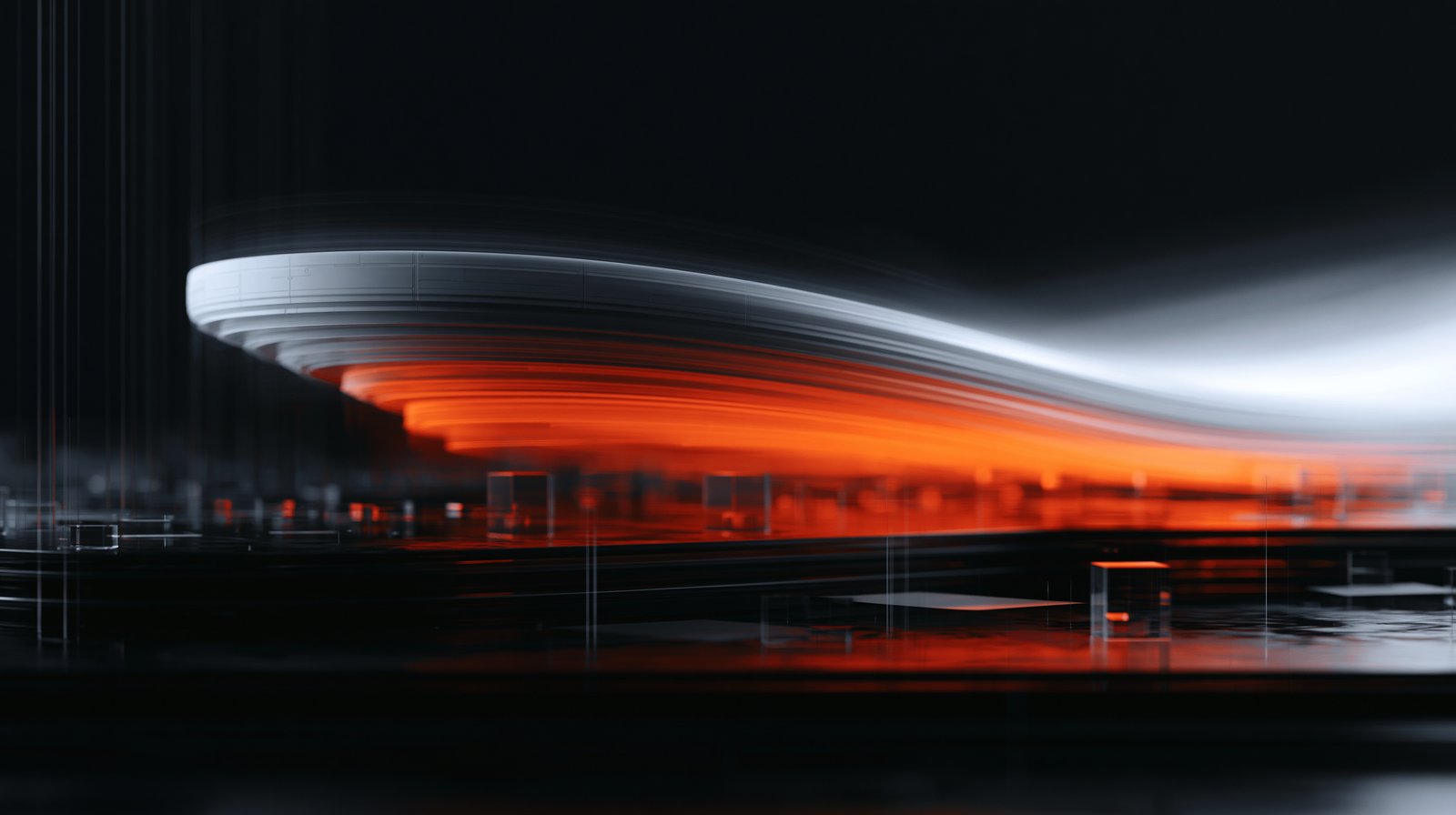 Abstract orange and white motion visual representing paid advertising inside conversational AI.