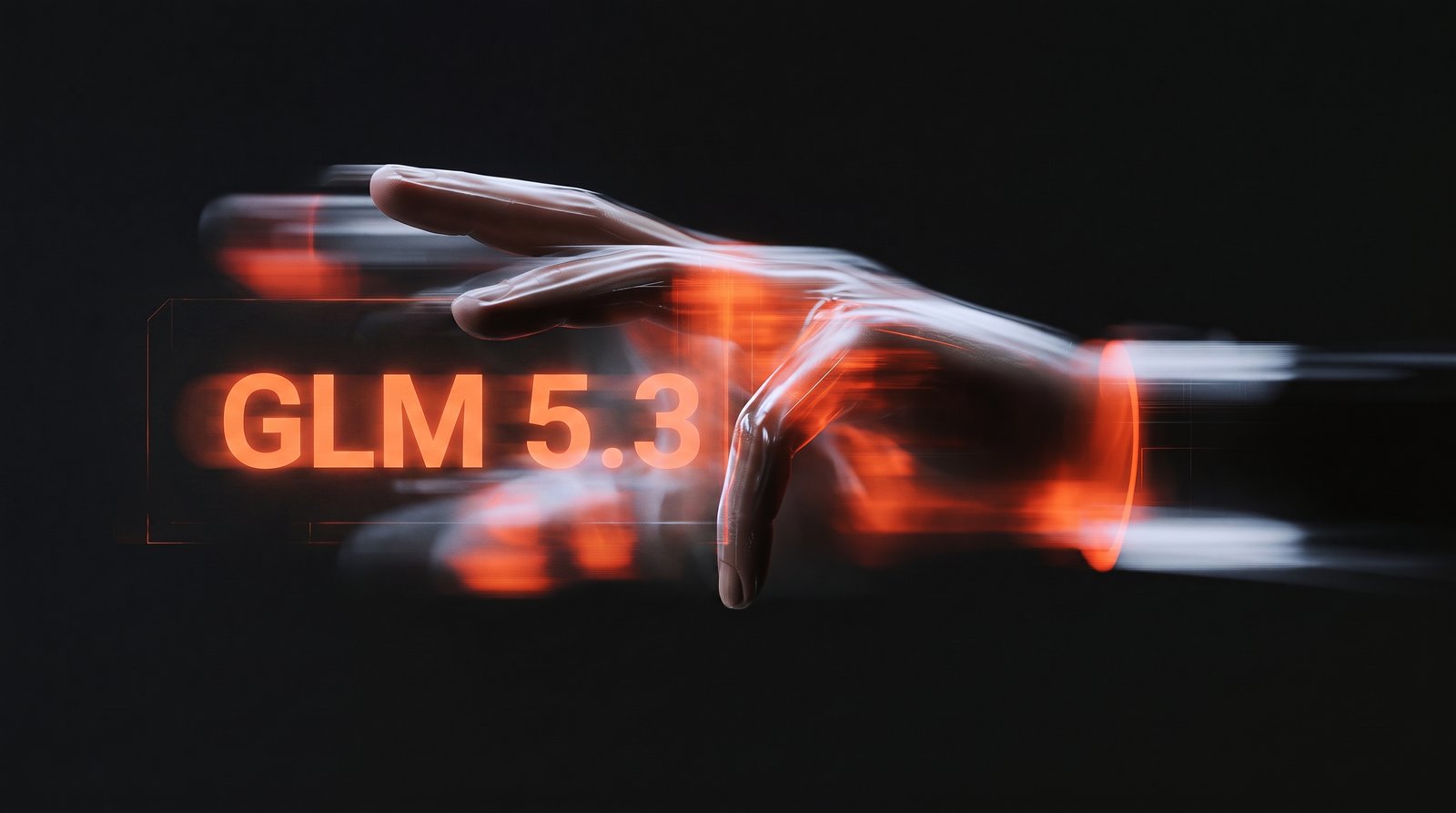 A hand in motion reaching toward a glowing interface panel labelled GLM 5.3.