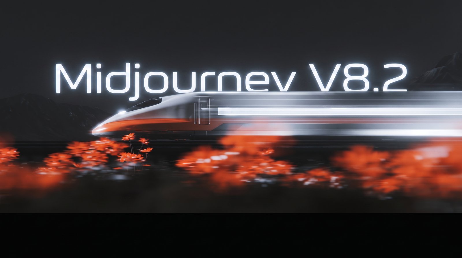 Motion-blurred high-speed train passing orange flowers beneath the Midjourney V8.2 title.
