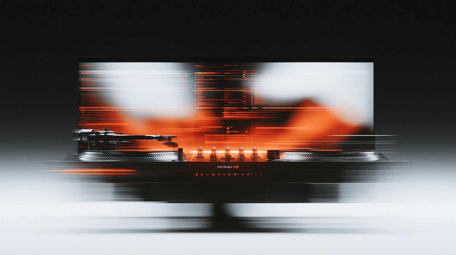 A turntable and audio deck with an orange waveform, code panels and the MiniMax H3 label.