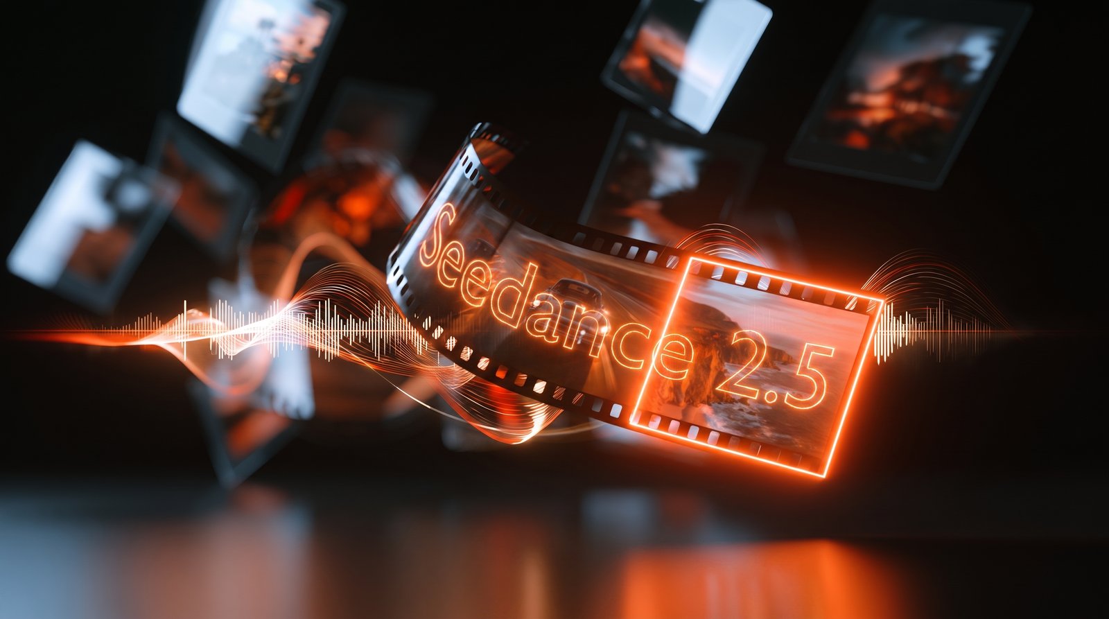 A film strip labelled Seedance 2.5 in glowing orange with audio waveforms and floating photo frames.