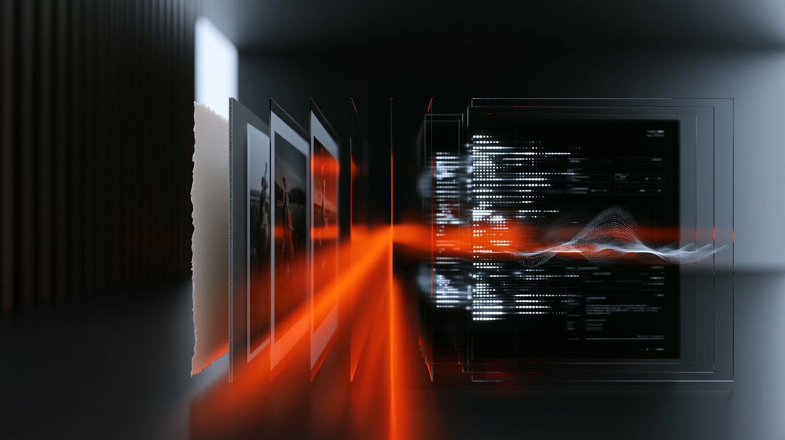 Abstract layered visual representing AI-assisted content, source provenance and copyright governance.