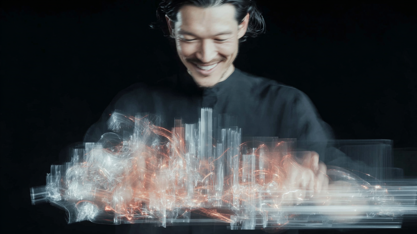 Asian professional interacting with an abstract AI-generated cityscape in a dark studio.