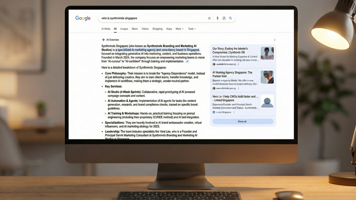 Desktop computer displaying a Google search for “who is Synthminds Singapore” with an AI Overview panel, illustrating Knowledge Graph entity clarity.
