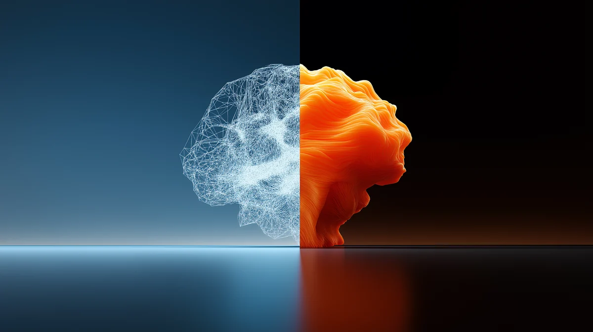Split illustration comparing a presentation wireframe with an abstract AI-generated profile, representing NotebookLM and Gemini 3.0.
