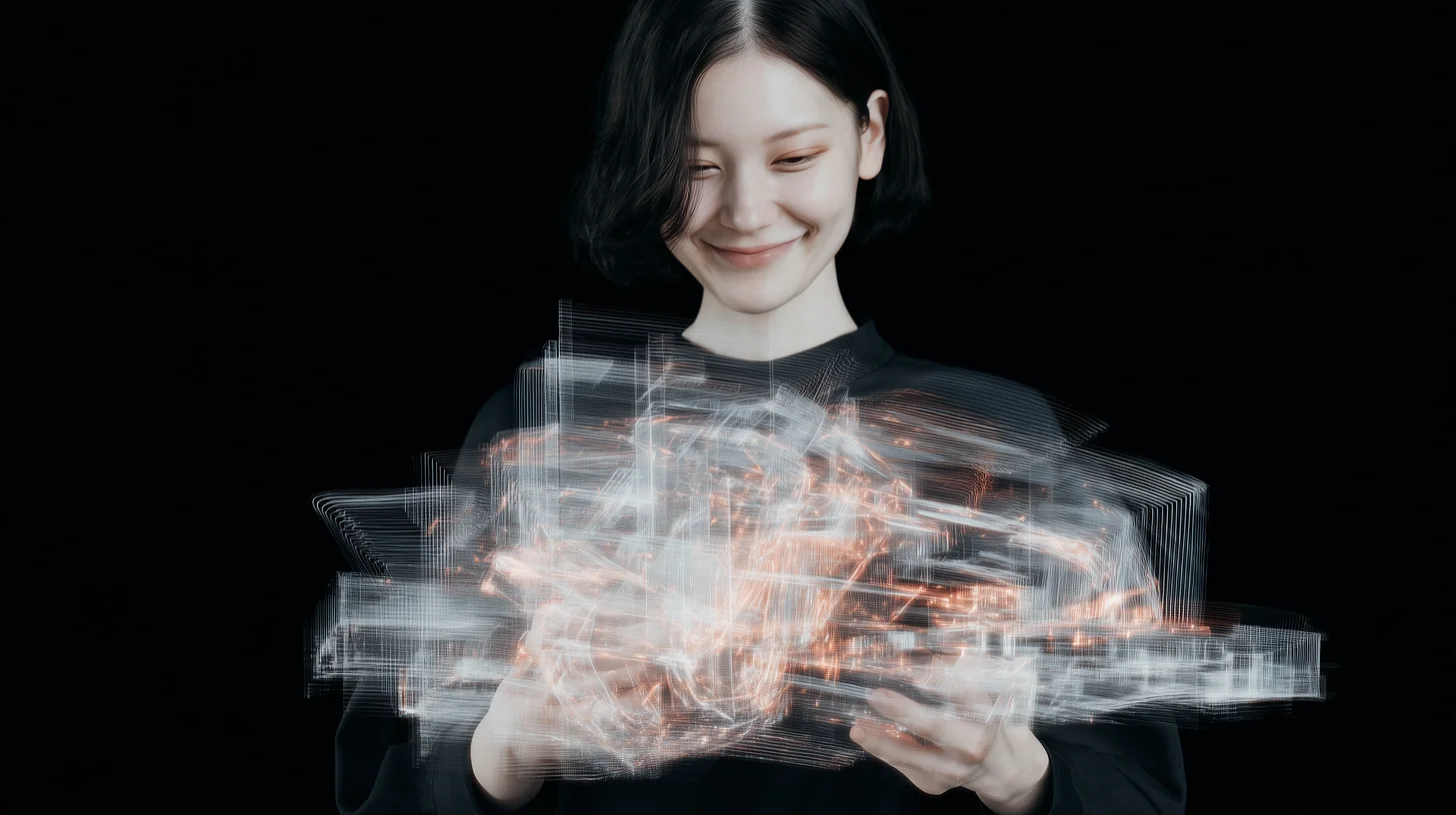 A female architect working with an illuminated model in a dark studio